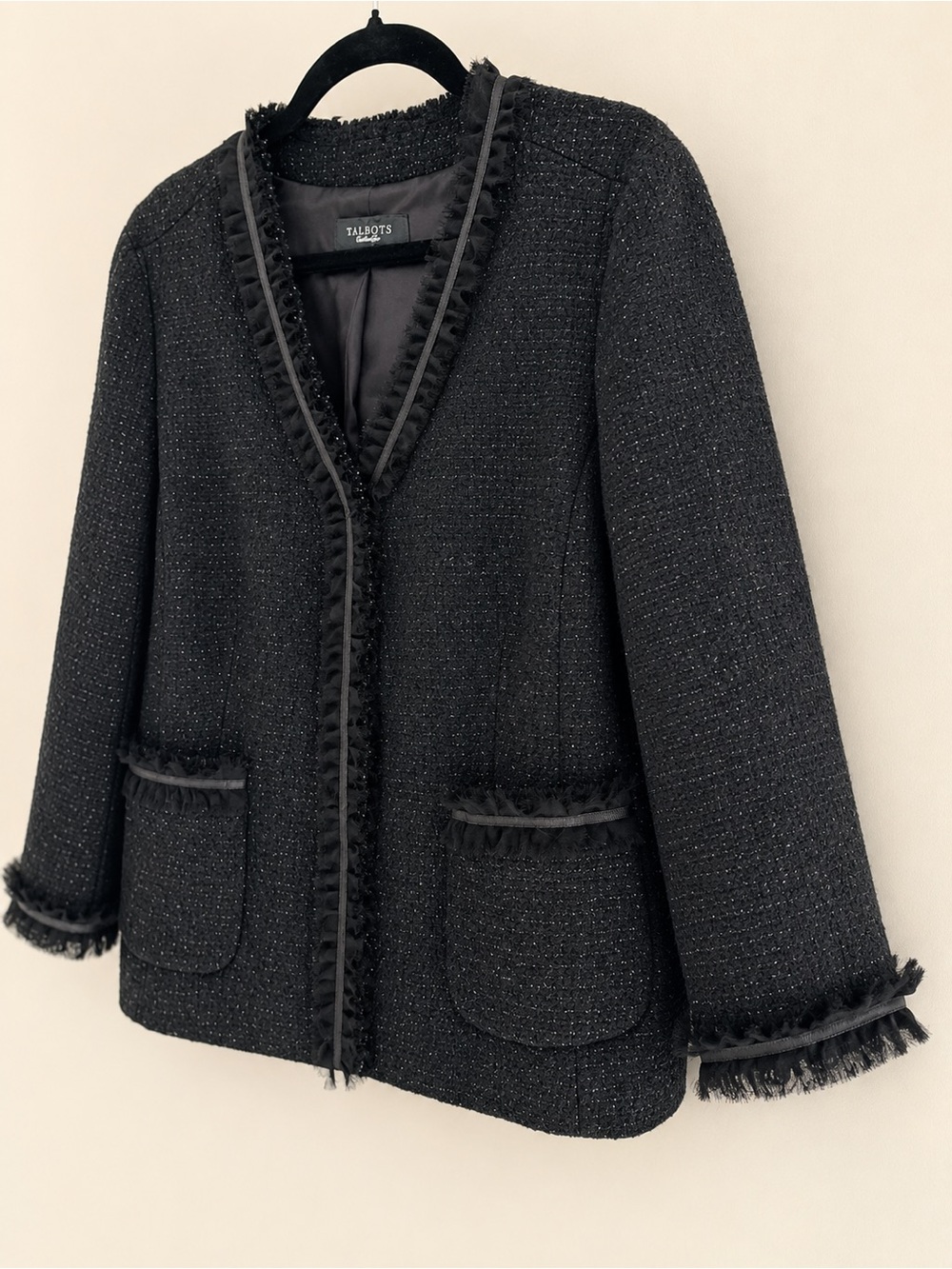 Talbots Collection Black Wool Blend Fringe Trim Open Front Jacket Blazer